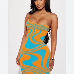 Fashion Nova Vibrant Orange and Blue Swirl Sweater Mini Dress XL NWT